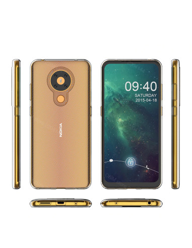 Nokia 5.3 med transparent TPU-skal, visad från sidan och framsidan med skärmskydd