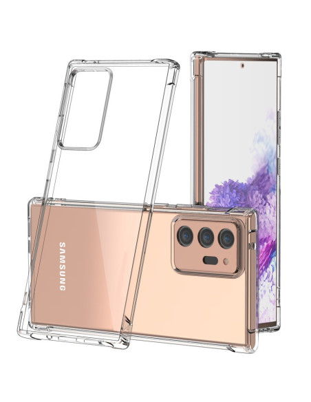 Transparent stöttåligt skal för Samsung Note 20 med förstärkta hörn, sett från sidan och bakifrån
