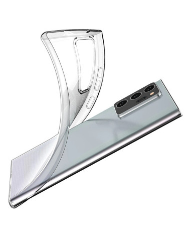 Transparent TPU-skal för Samsung Note 20 Ultra, visat från sidan med knappar och kamerautskärning