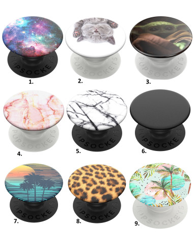 Avtagbart Grip med ställfunktion i mönstrad design, visar olika varianter av PopSocket-topp