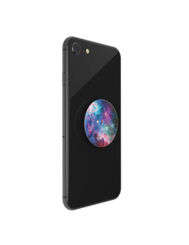 Avtagbart Grip med ställfunktion i galaxdesign, monterat på en smartphone