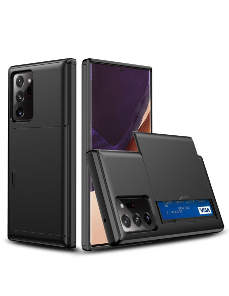 Samsung Note 20 Ultra skal i svart med kortfack, visande framsidan och baksidan