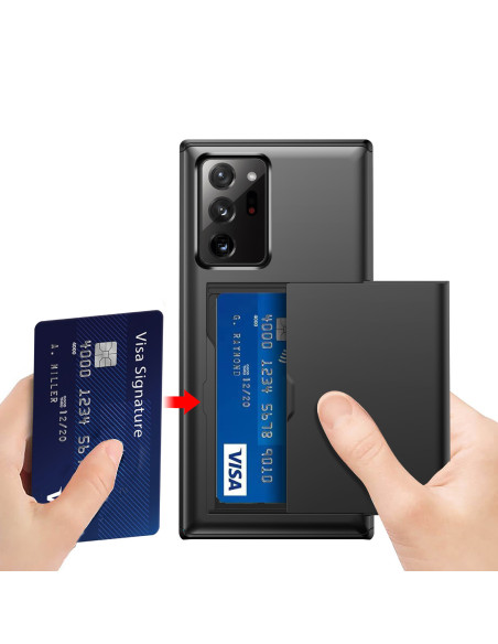 Samsung Note 20 Ultra skal i svart med kortfack, visande kortet som tas ut från facket