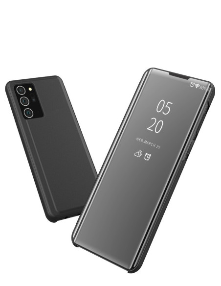 Samsung Note 20 flipfodral i svart med stängd framsida och skärmskydd synligt