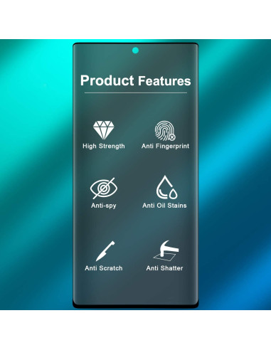 Detaljvy av funktioner för Samsung Note 20 Ultra härdat glas, inklusive anti-spy och hög styrka