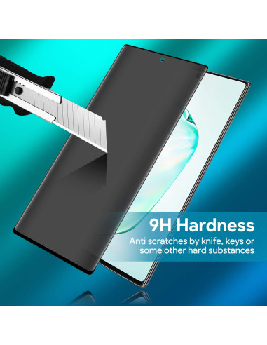 Närbild av Samsung Note 20 Ultra härdat glas som visar 9H hårdhet och anti-repor funktion