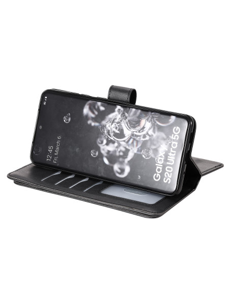 Svart plånboksfodral för Samsung S20 Ultra med stängt lock och telefon monterad