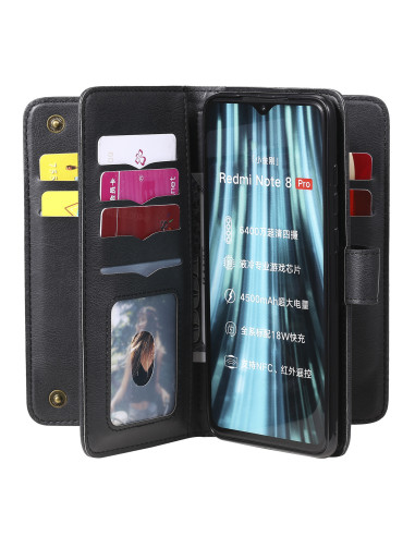 Svart plånboksfodral för Redmi Note 8 Pro med kortfack och telefon monterad inuti