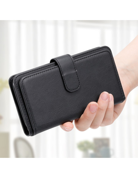 Svart plånboksfodral för Redmi Note 8 Pro hålls i handen, med stängd design