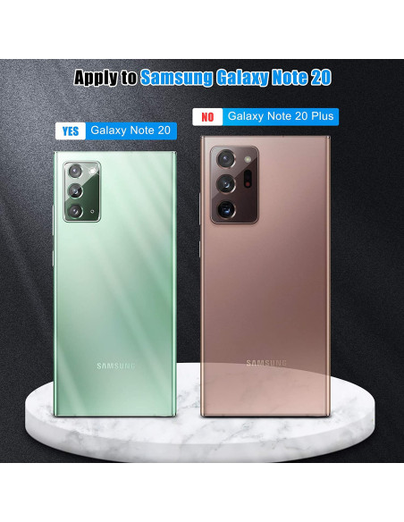 Samsung Galaxy Note 20 i två färger, grön och brun, med kamera linsskydd