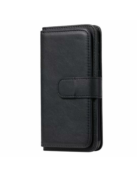 Svart plånboksfodral för Samsung A10, sett från sidan med stängd design