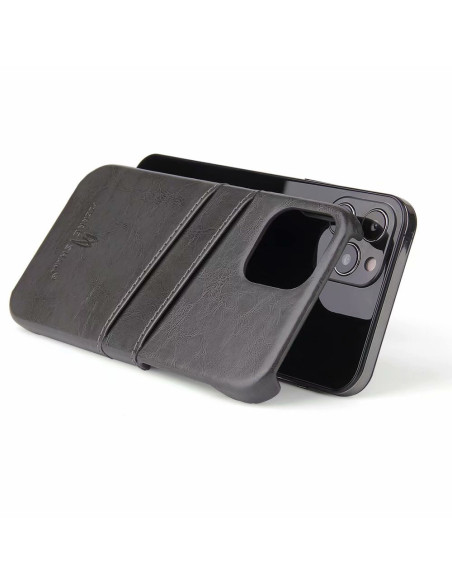 Svart retro-skal med korthållare för iPhone 12 Pro Max, sett bakifrån med telefon i skalet