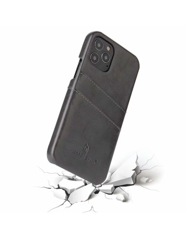 Svart retro-skal med korthållare för iPhone 12 Pro Max, sett från sidan med detalj av korthållaren