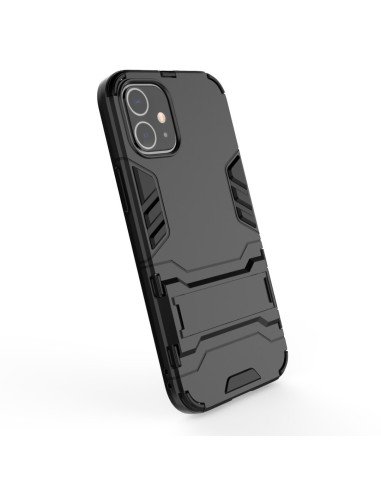 Svart stöttåligt skal för iPhone 12, visat bakifrån med kickstand i nedfällt läge