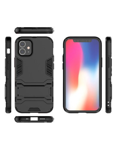 Svart stöttåligt skal för iPhone 12 med kickstand, visat framifrån och från sidan