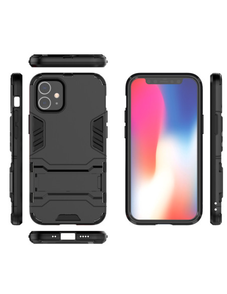 Svart stöttåligt skal för iPhone 12 med kickstand, visat framifrån och från sidan