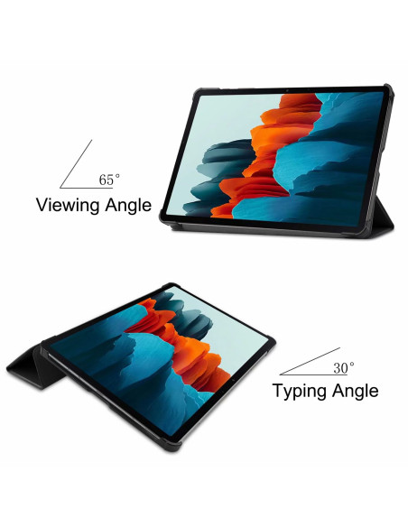 Trifold fodral för Samsung Galaxy Tab S7 Plus i två olika vinklar för användning