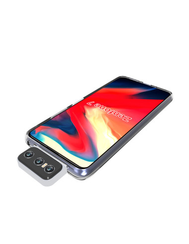 Zenfone 7 med stöttåligt genomskinligt skal, visad framifrån med kameramodul synlig