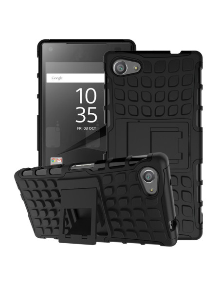 Z3 Compact stöttåligt skal i svart med stöd, visat från sidan med telefon monterad