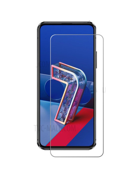 Transparent skärmskydd monterat på Asus Zenfone 7 med tydlig visning av telefonens design