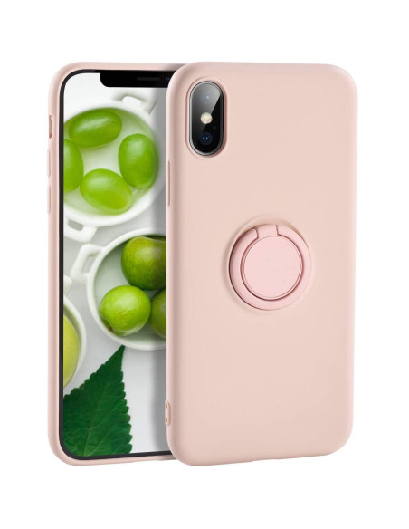 Ljust rosa stöttåligt skal med ringhållare för iPhone XS Max, sett från sidan