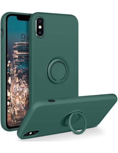 Mörkgrönt stöttåligt skal med ringhållare för iPhone XS Max, sett från sidan med telefonen inuti