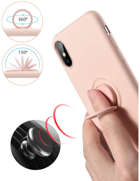 Närbild av ljust rosa stöttåligt skal med ringhållare för iPhone XS Max, hålls i hand
