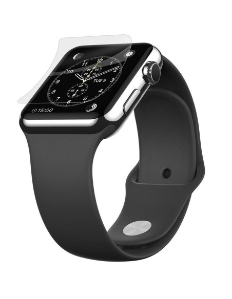 Transparent skärmskydd monterat på en Apple Watch Series 6 40mm med svart armband