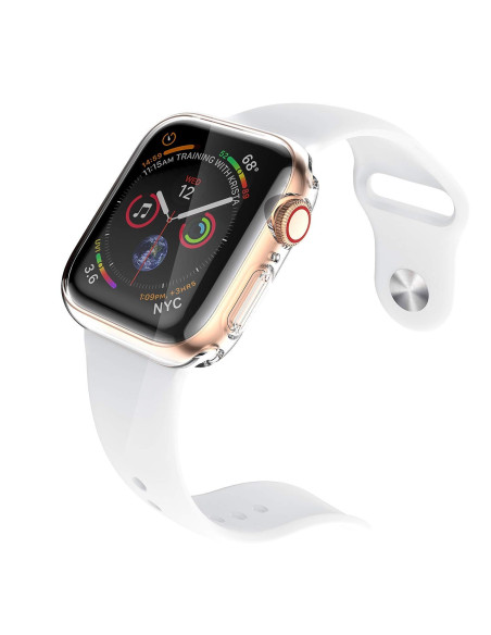 Heltäckande TPU-skal för Apple Watch Series 6 44mm, monterat på klockan framifrån med vit rem