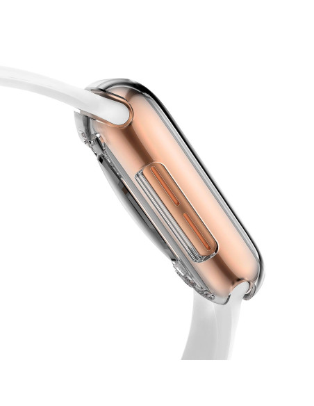 Närbild av heltäckande TPU-skal för Apple Watch Series 6 44mm, visad från sidan med fokus på knappar