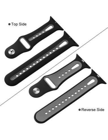 Sportarmband i svart silikon för Apple Watch Series 6, sett uppifrån med detaljerad vy av hålen