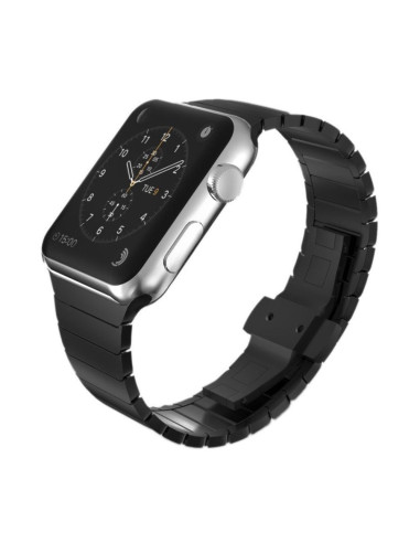 Länkarmband i svart metall monterat på en Apple Watch från sidan