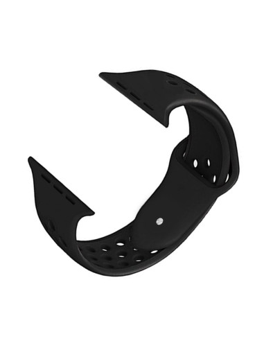 Svart silikonarmband för Apple Watch SE 40mm, sett från sidan med fokus på ventilationshål