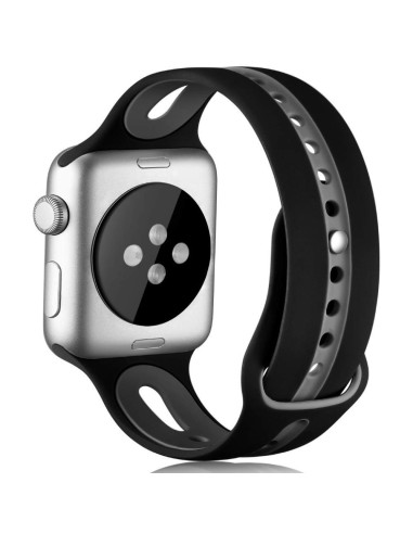 Svart silikonarmband för Apple Watch SE 44mm, visat i profil med klockan monterad