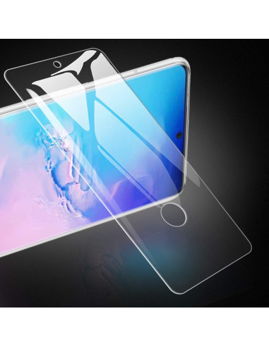 Översikt av härdat glas för Samsung S20 FE monterat på telefon med tydlig skärmvy