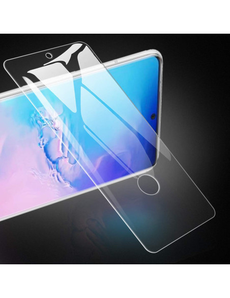 Översikt av härdat glas för Samsung S20 FE monterat på telefon med tydlig skärmvy