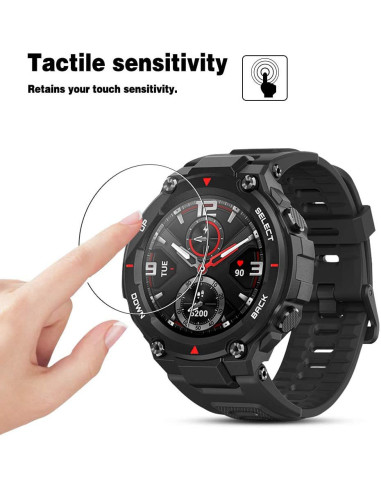 Amazfit T-Rex med härdat glas, visad med finger som trycker på skärmen för att demonstrera känslighet