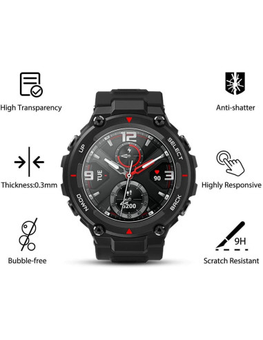 Amazfit T-Rex med härdat glas, visad framifrån för att betona skärmens design och funktioner