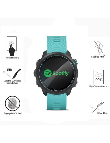 Garmin Forerunner 245 med härdat glas, visande Spotify-gränssnitt på skärmen