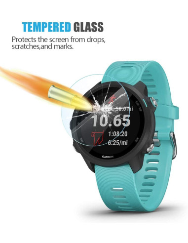 Garmin Forerunner 245 med härdat glas, visande skärm med tid och träningsdata