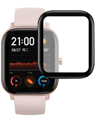 Amazfit GTS med 3D härdat glas monterat, visar skärmen och klockans design