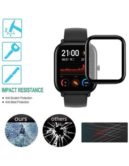 Amazfit GTS med 3D härdat glas, visning av skyddets påverkan mot repor och stötar