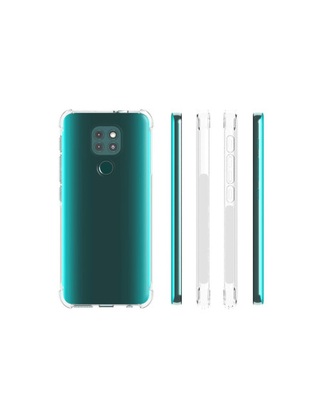 Motorola Moto E7 Plus skal i transparent TPU, visat från baksidan med telefonens kamera och knappar