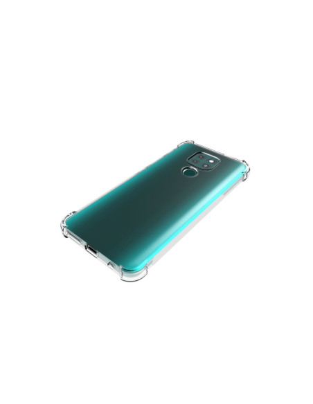 Motorola Moto E7 Plus skal i transparent TPU, visat i en vinkel för att framhäva de förstärkta hörnen