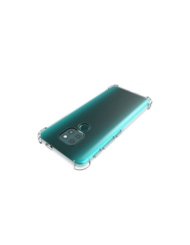 Motorola Moto E7 Plus skal i transparent TPU, visat i en vinkel för att framhäva telefonens baksida och förstärkta hörn