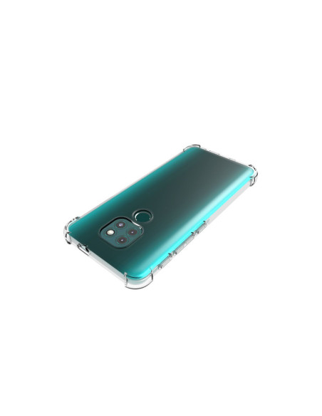 Motorola Moto E7 Plus skal i transparent TPU, visat i en vinkel för att framhäva telefonens baksida och förstärkta hörn
