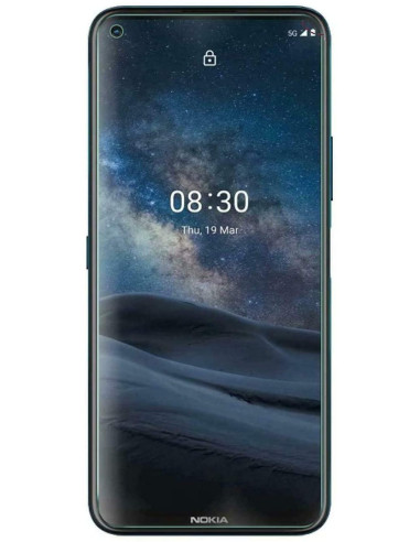 Nokia 8.3 med härdat glas, visad framifrån med skärmen aktiverad