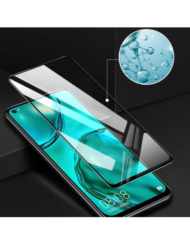 Detaljvy av Huawei P40 Lite med härdat glas som visar skärmskyddets passform och klarhet