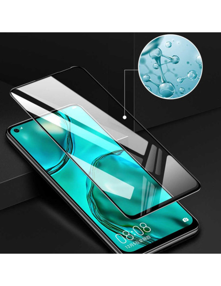 Detaljvy av Huawei P40 Lite med härdat glas som visar skärmskyddets passform och klarhet