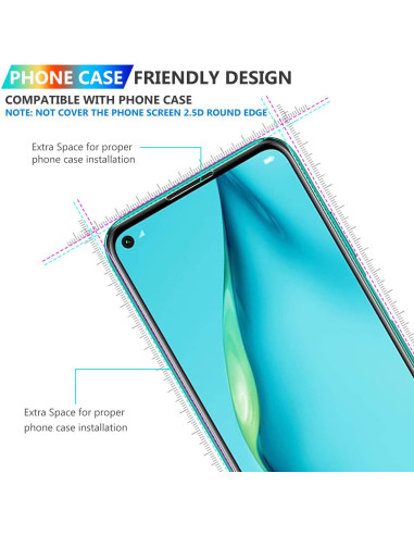 Översikt av Huawei P40 Lite med härdat glas, visar skärmens rundade kanter och passform